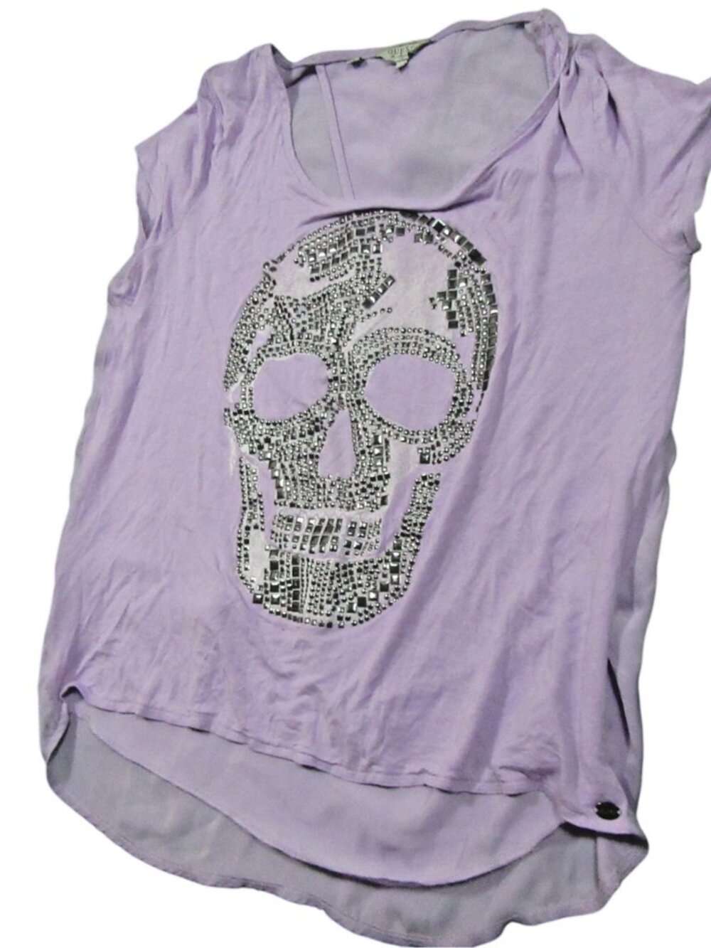 Guess Los Angeles Purple Skull Rhinestone Flowy Open-Back Style Top Womens M